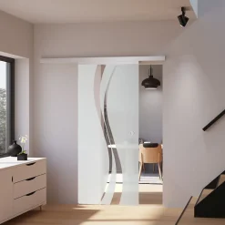Schulte Porte Coulissante<porte coulissante complète - verre - 102x220cm - décor vagues- poignée ronde + double amortisseur softclose
