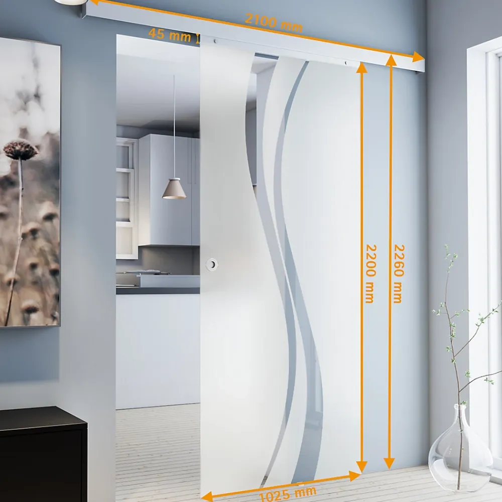 Schulte Porte Coulissante<porte coulissante complète - verre - 102x220cm - décor vagues- poignée ronde + double amortisseur softclose