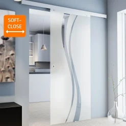 Schulte Porte Coulissante<porte coulissante complète - verre - 102x220cm - décor vagues- poignée ronde + double amortisseur softclose