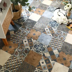 Tarkett Lino Sol Vinyle Pvc<Sol PVC - Carreaux Art Déco - Marron et Bleu Gris - Rouleau de 3m x 2m