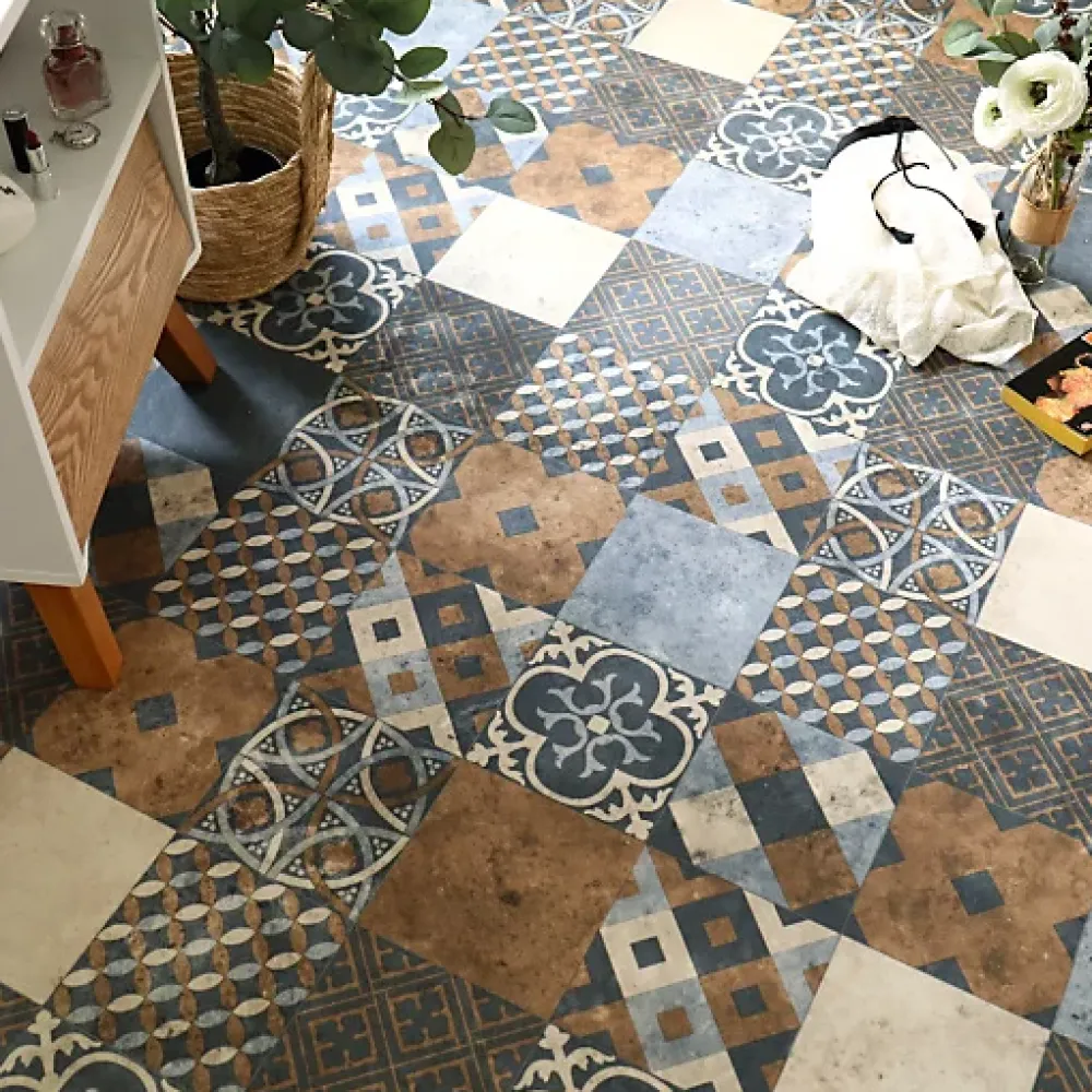 Tarkett Lino Sol Vinyle Pvc<Sol PVC - Carreaux Art Déco - Marron et Bleu Gris - Rouleau de 3m x 2m