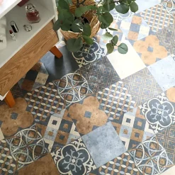 Tarkett Lino Sol Vinyle Pvc<Sol PVC - Carreaux Art Déco - Marron et Bleu Gris - Rouleau de 3m x 2m