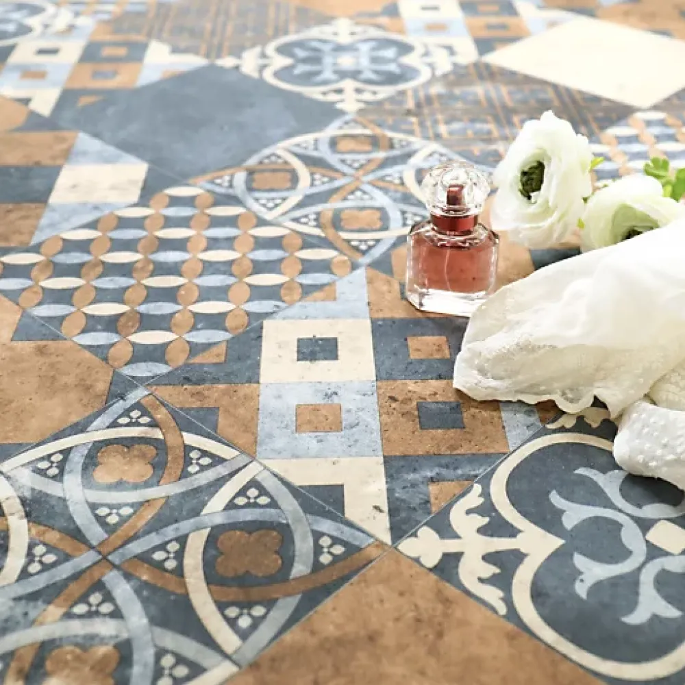 Tarkett Lino Sol Vinyle Pvc<Sol PVC - Carreaux Art Déco - Marron et Bleu Gris - Rouleau de 3m x 2m