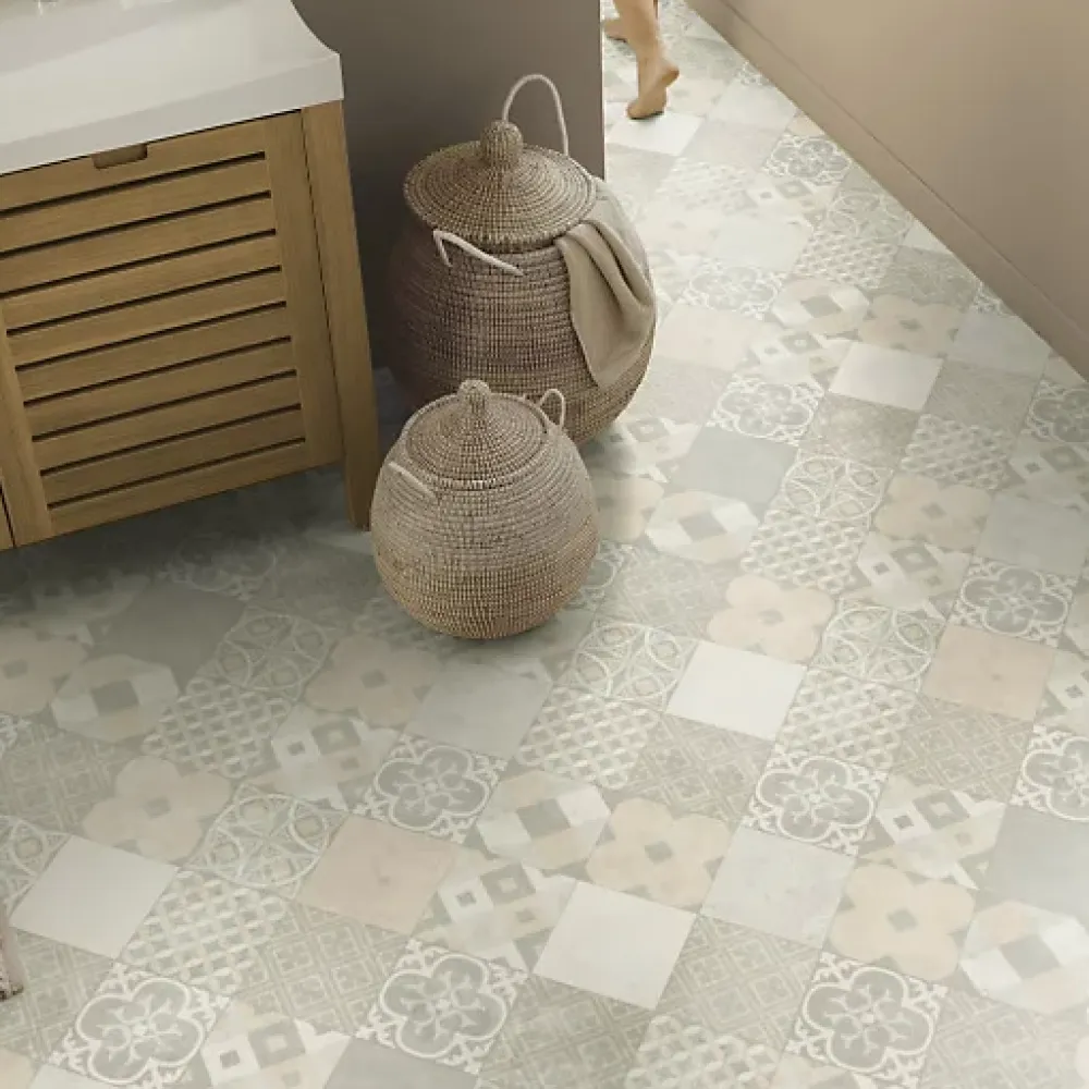 Tarkett Sol PVC - Carreaux Art Déco - Crème et gris - Echantillon 15 x 20 cm- Lino Sol Vinyle Pvc
