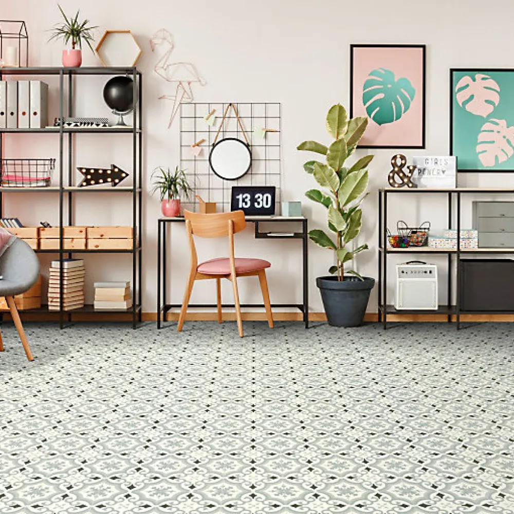 Décoweb Lino Sol Vinyle Pvc<Sol PVC Textile - Effet carreaux de ciment Gris - Rouleau de 3m x 3m