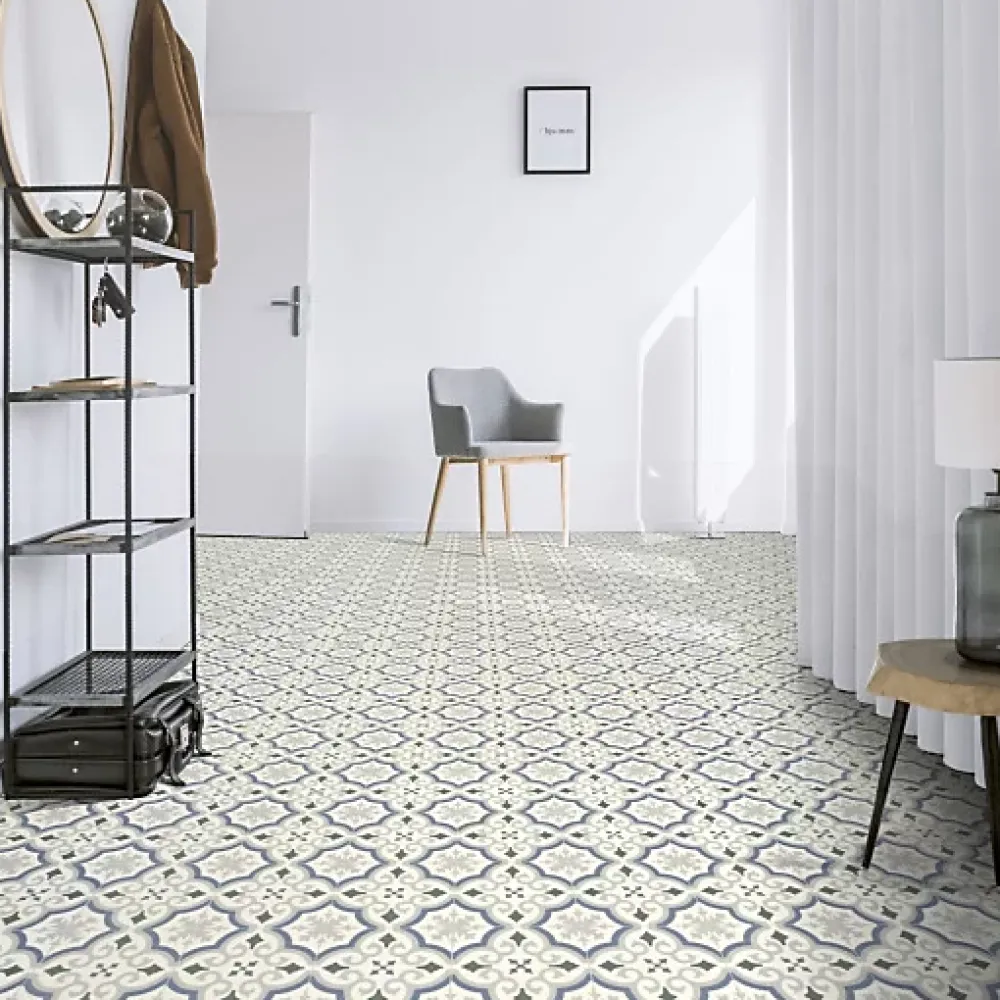 Décoweb Lino Sol Vinyle Pvc<Sol PVC Textile motif carreaux de ciment Bleu et gris - Echantillon 15 x 20 cm