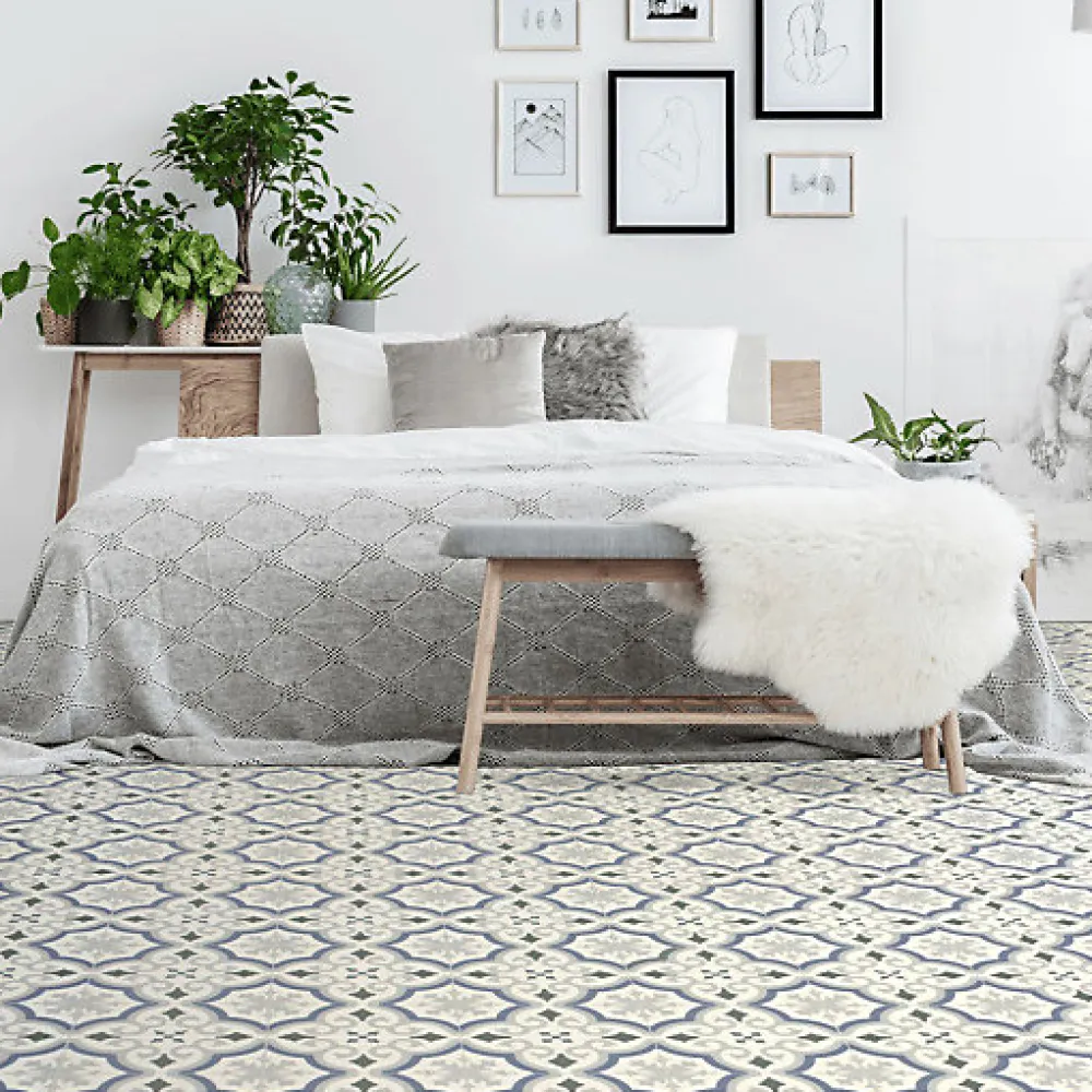 Décoweb Lino Sol Vinyle Pvc<Sol PVC Textile motif carreaux de ciment Bleu et gris - Rouleau de 4m x 4m
