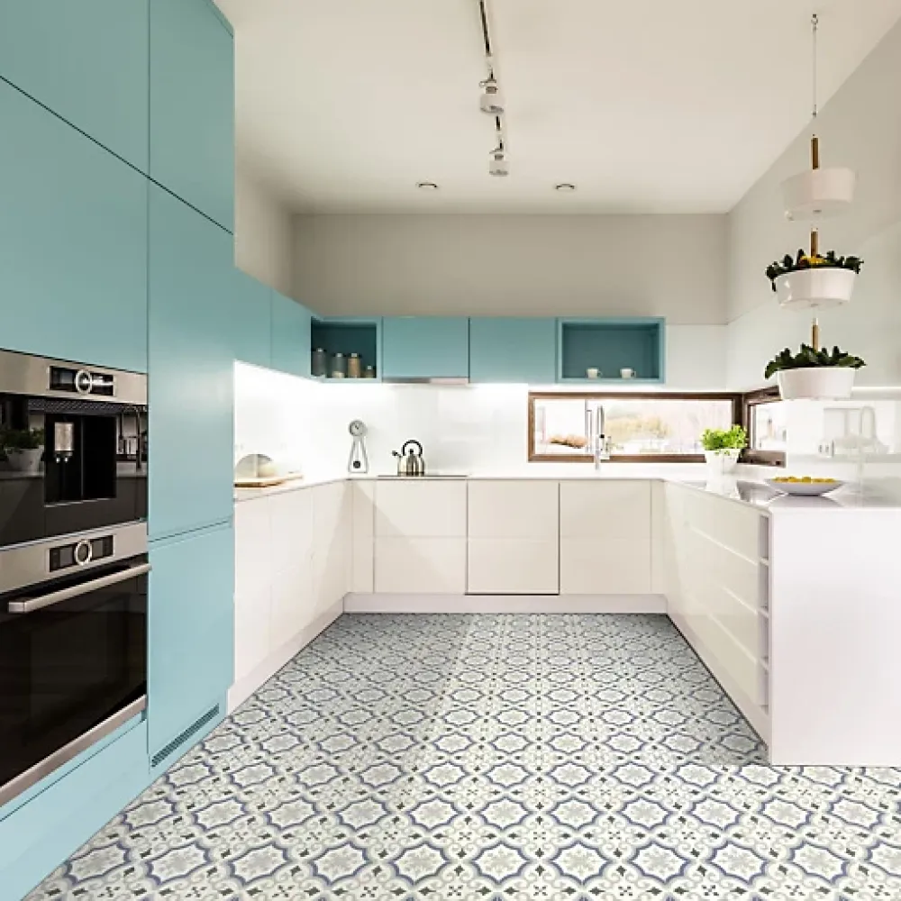 Décoweb Lino Sol Vinyle Pvc<Sol PVC Textile motif carreaux de ciment Bleu et gris - Rouleau de 4m x 4m