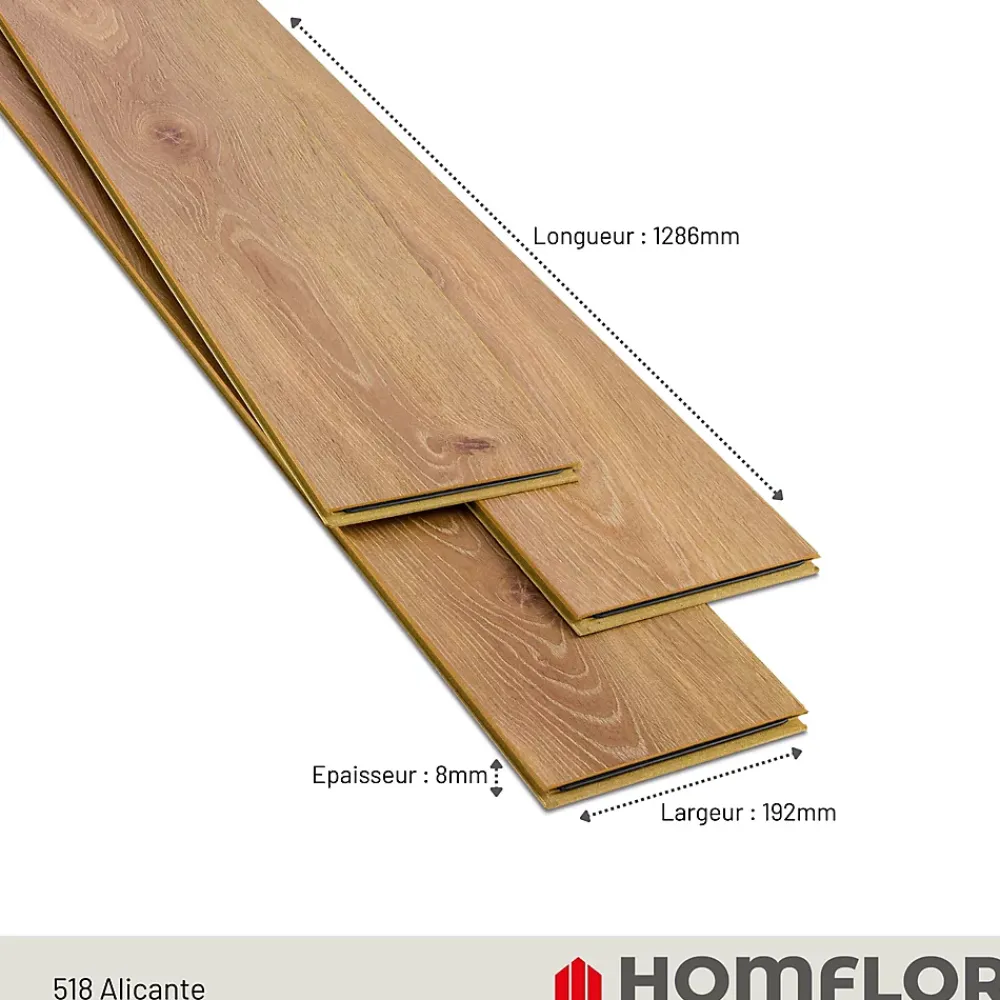 Homflor Sol stratifié Alicante , passage extrême AC6, effet chêne miel, L.128,6 cm x l.21,4 cm x ép.10 mm, résistant à l'eau- Sol Stratifié