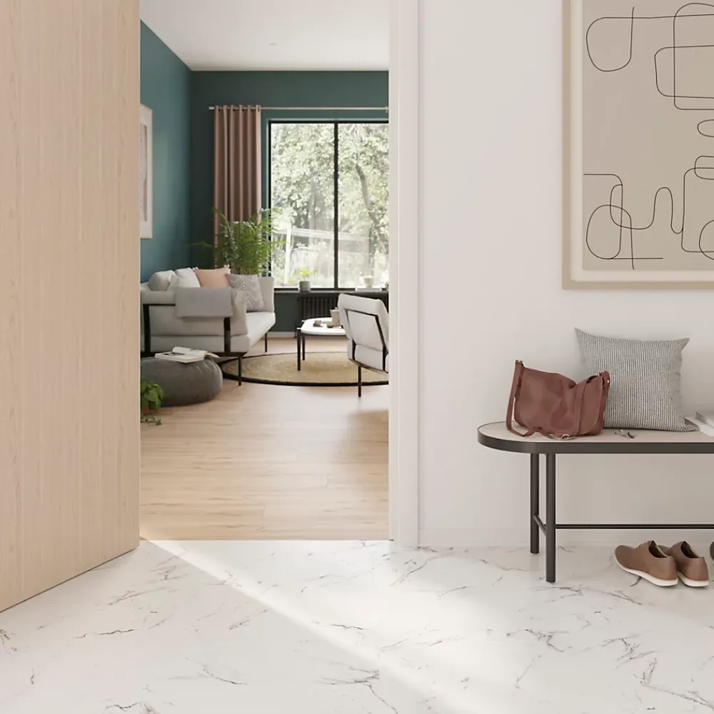 GoodHome Sol stratifié clipsable Elegance aspect marbre blanc 8 mm compatible pièces humides- Sol Stratifié
