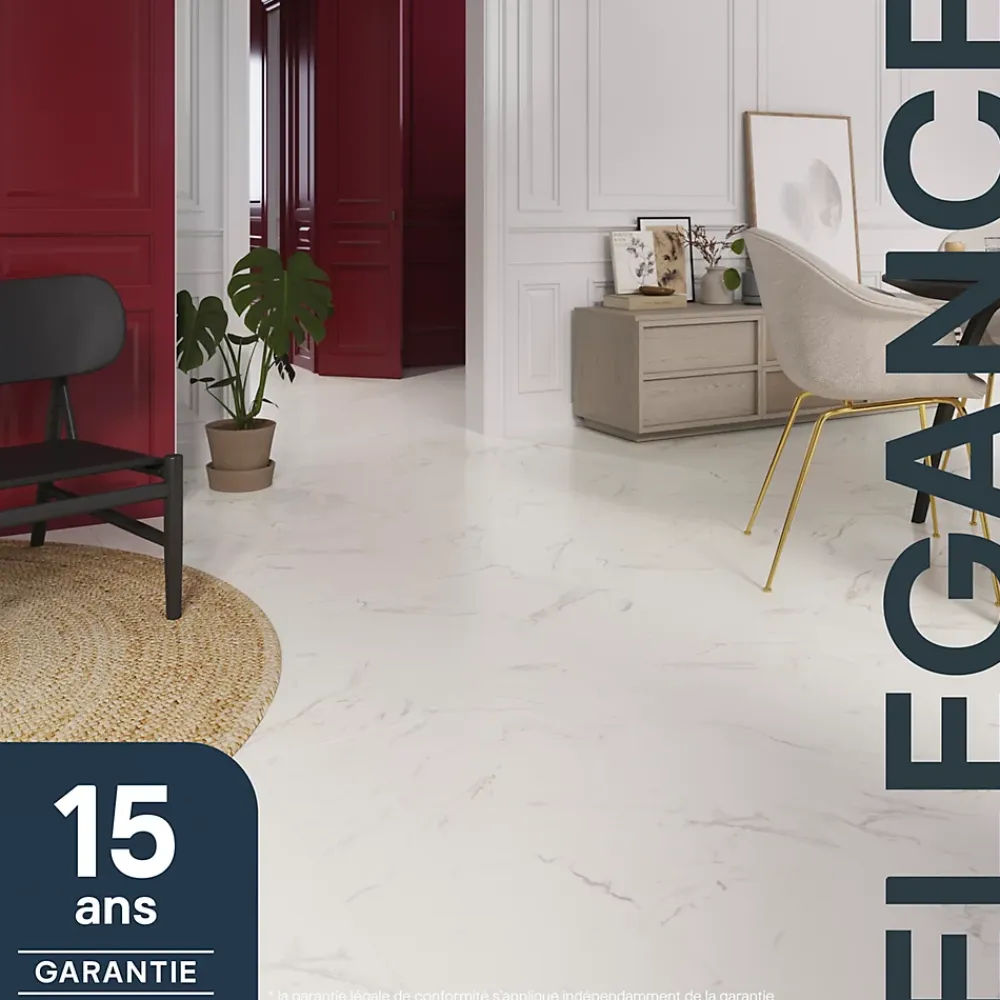 GoodHome Sol stratifié clipsable Elegance aspect marbre blanc 8 mm compatible pièces humides- Sol Stratifié