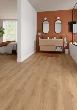 GoodHome Sol stratifié Collville , passage intense AC5, effet chêne brun, L.129 cm x l.19,3 cm x ép.8 mm, résistant à l'eau- Sol Stratifié