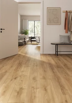 GoodHome Sol stratifié Collville , passage intense AC5, effet chêne brun, L.129 cm x l.19,3 cm x ép.8 mm, résistant à l'eau- Sol Stratifié