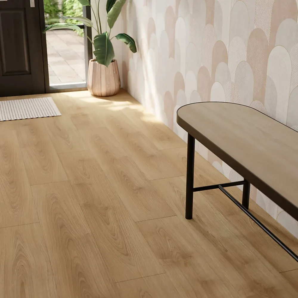 GoodHome Sol stratifié Cowley , passage intense AC5, effet chêne miel, L.129,2 cm x l.19,3 cm x ép.8 mm- Sol Stratifié
