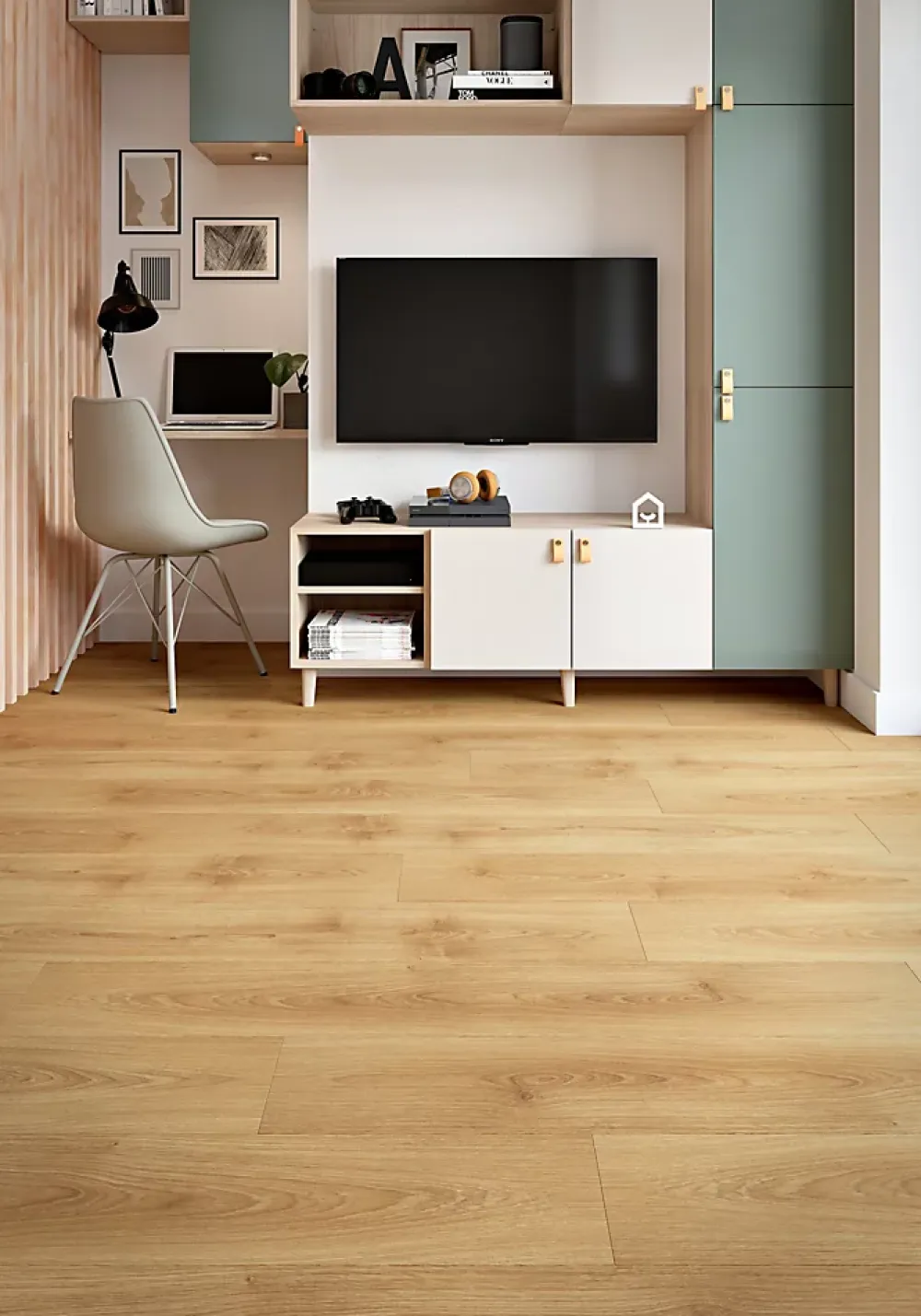 GoodHome Sol stratifié Cowley , passage intense AC5, effet chêne miel, L.129,2 cm x l.19,3 cm x ép.8 mm- Sol Stratifié