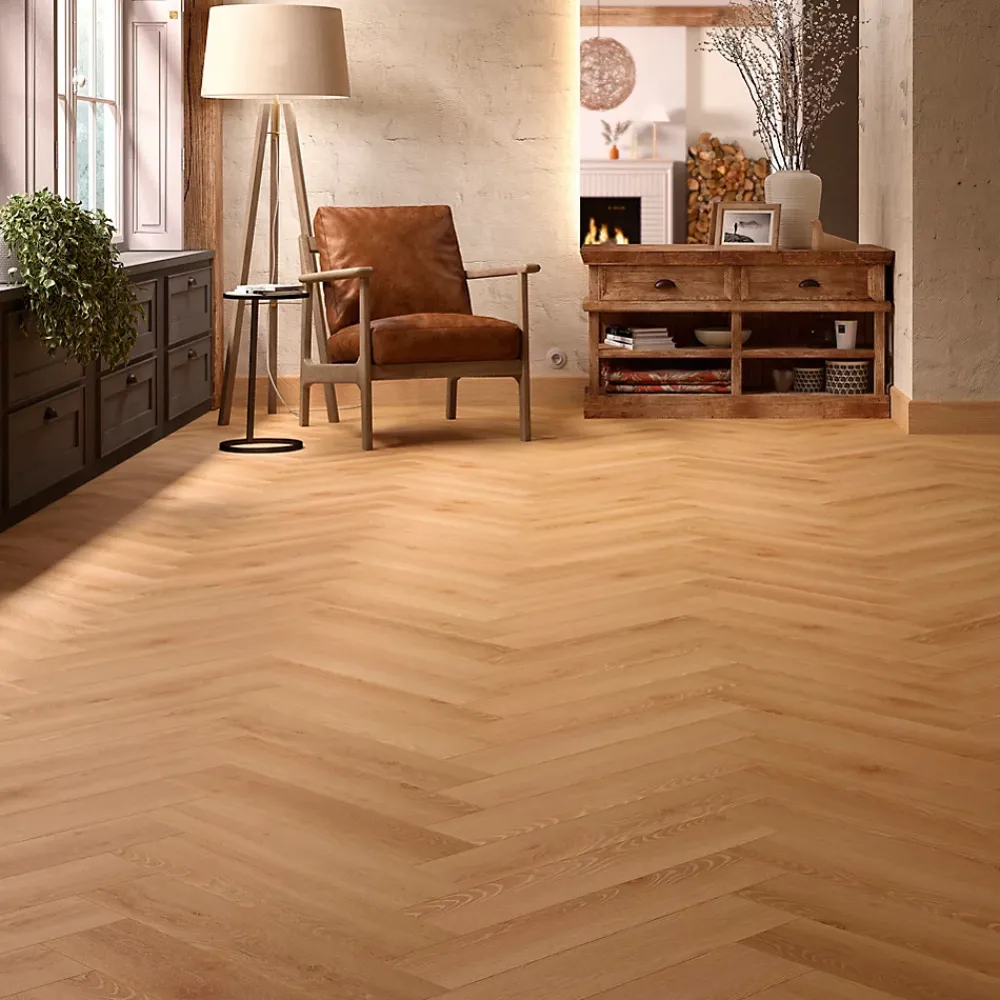Homflor Sol stratifié Dorado bâton rompu , passage intense AC5, effet chêne blond, L.64,4 cm x l.14,3 cm x ép.8 mm, résistant à l'eau- Sol Stratifié