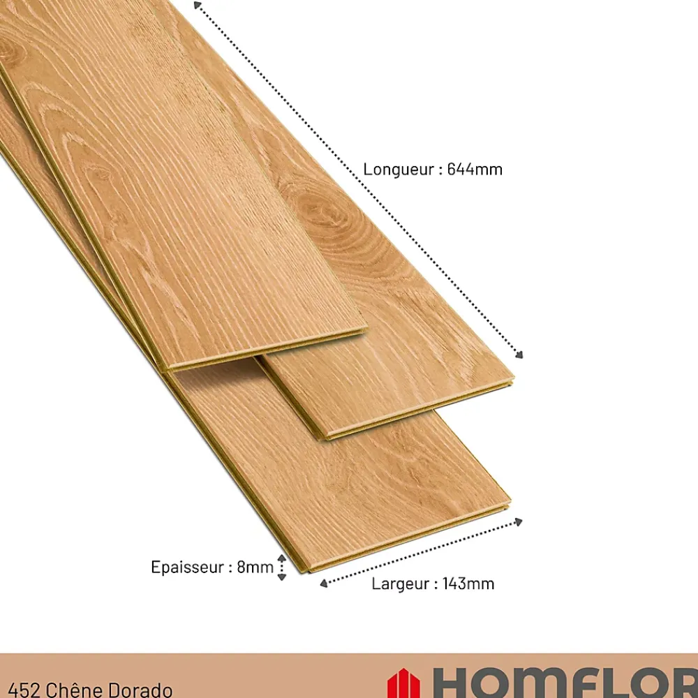 Homflor Sol stratifié Dorado bâton rompu , passage intense AC5, effet chêne blond, L.64,4 cm x l.14,3 cm x ép.8 mm, résistant à l'eau- Sol Stratifié
