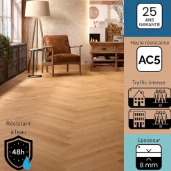 Homflor Sol stratifié Dorado bâton rompu , passage intense AC5, effet chêne blond, L.64,4 cm x l.14,3 cm x ép.8 mm, résistant à l'eau- Sol Stratifié