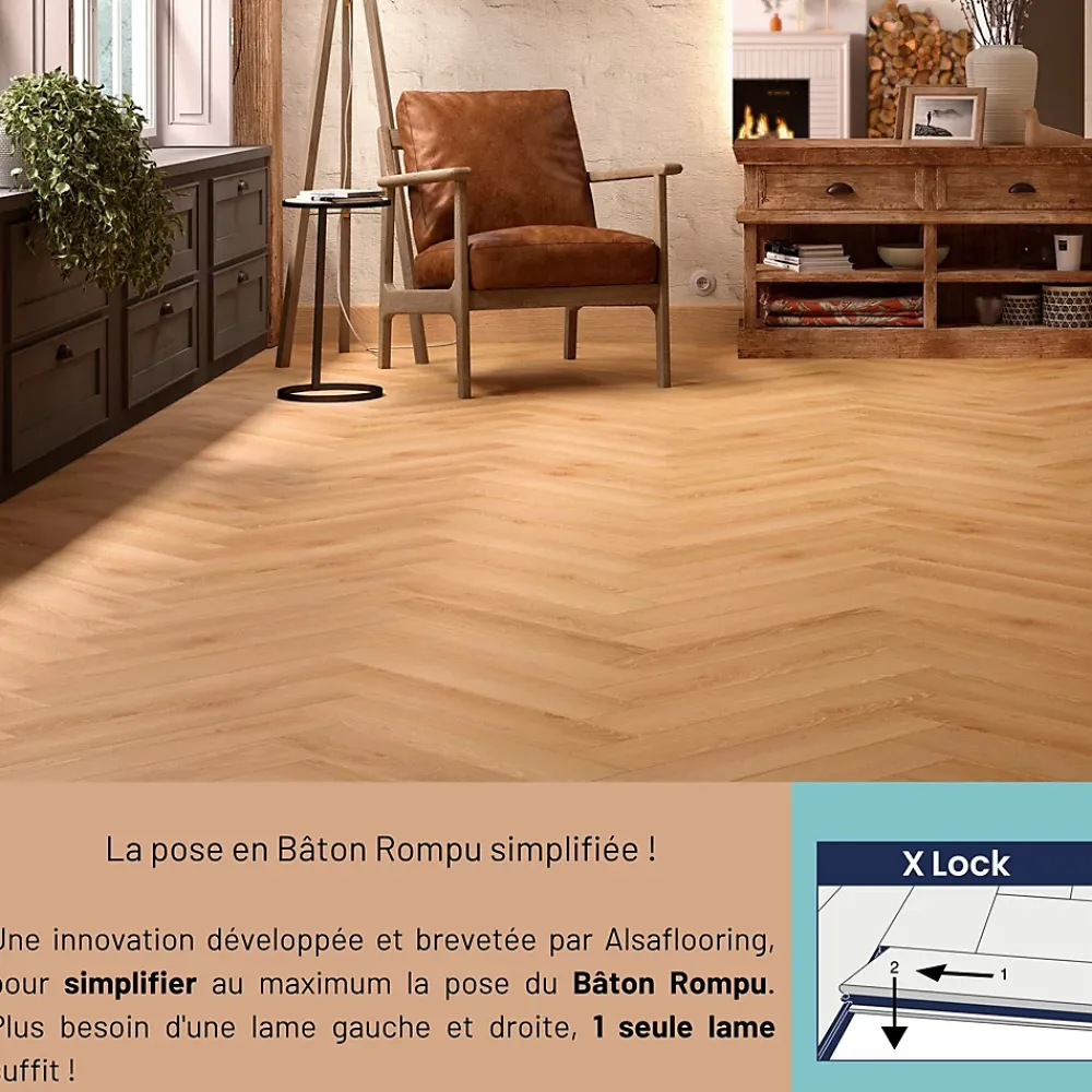 Homflor Sol stratifié Dorado bâton rompu , passage intense AC5, effet chêne blond, L.64,4 cm x l.14,3 cm x ép.8 mm, résistant à l'eau- Sol Stratifié