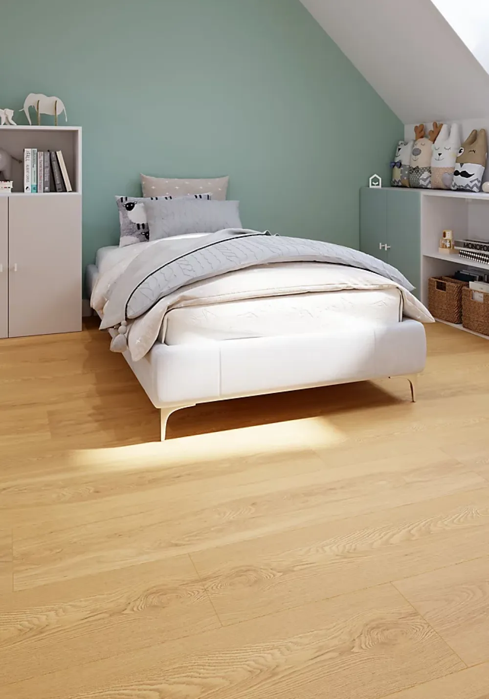 GoodHome Sol stratifié Dronfield , passage élevé AC4, effet chêne clair, L.128,5 cm x l.28 cm x ép.8 mm- Sol Stratifié