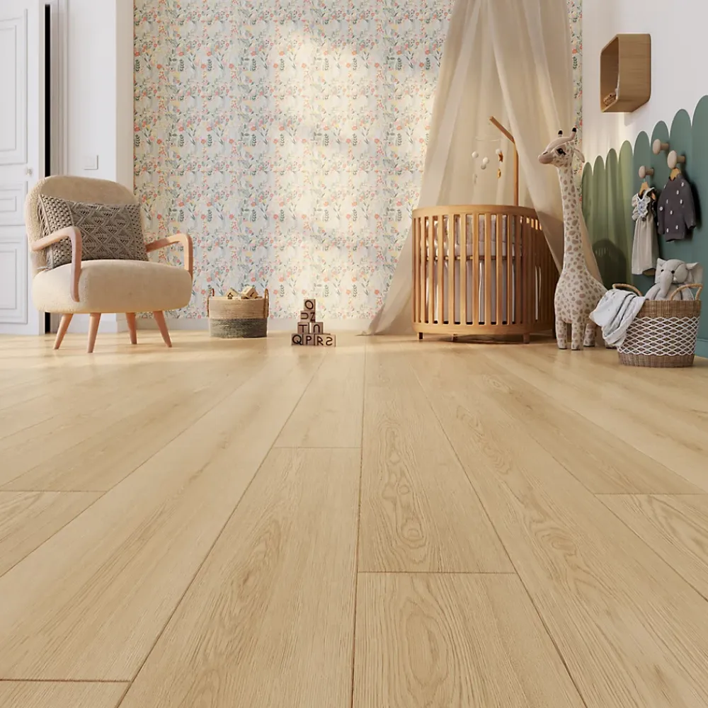 GoodHome Sol stratifié effet chêne blond passage intense AC5 L.129,2 x l.19,3 cm x ép.8 mm, Bryce- Sol Stratifié