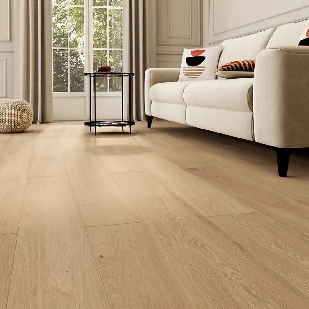 GoodHome Sol stratifié effet chêne blond passage intense AC5 L.129,2 x l.19,3 cm x ép.8 mm, Bryce- Sol Stratifié