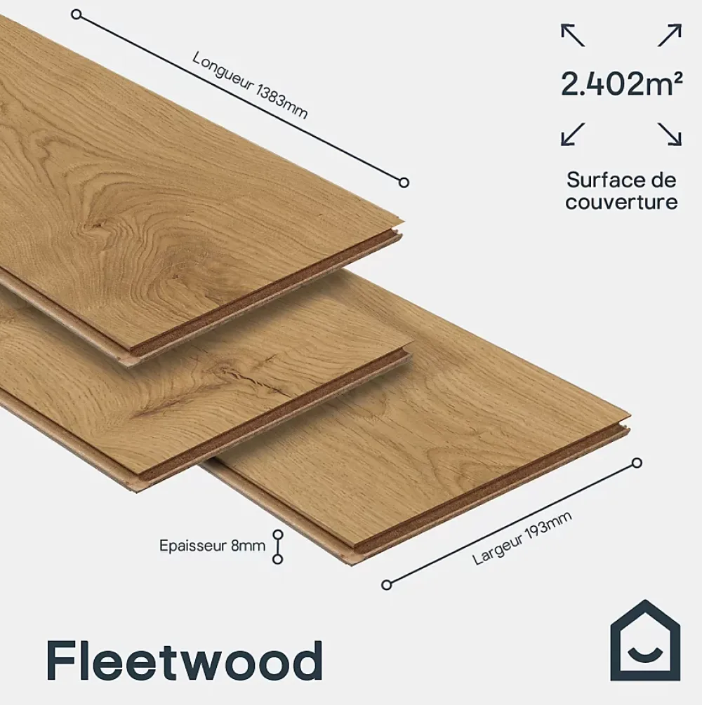 GoodHome Sol Stratifié<Sol stratifié Fleetwood , passage élevé AC4, effet chêne miel, L.138,3 cm x l.19,3 cm x ép.8 mm