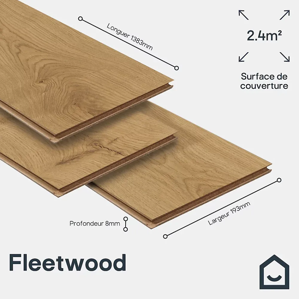 GoodHome Sol Stratifié<Sol stratifié Fleetwood , passage élevé AC4, effet chêne miel, L.138,3 cm x l.19,3 cm x ép.8 mm