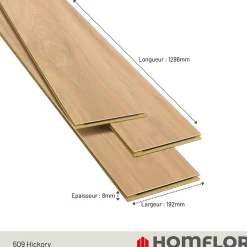 Homflor Sol stratifié Hickory yellowstone , passage extrême AC6, effet bois Hickory blond, L.128,6 cm x l.21,4 cm x ép.10 mm, résistant à l'eau- Sol Stratifié