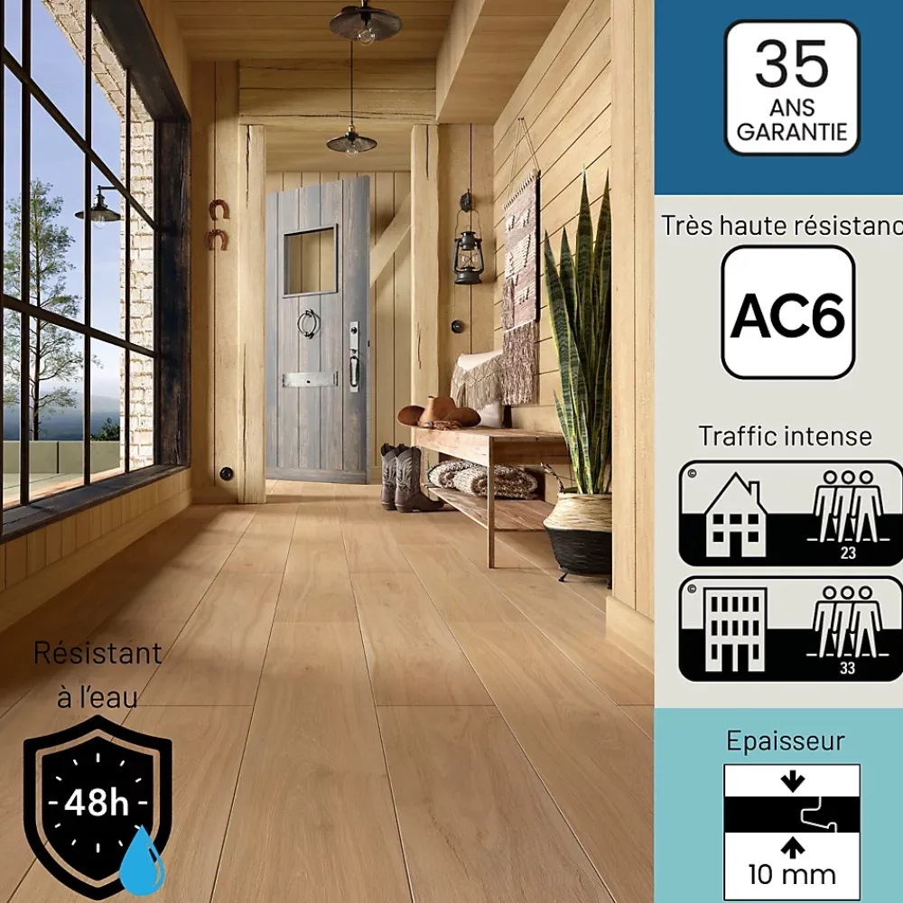 Homflor Sol stratifié Hickory yellowstone , passage extrême AC6, effet bois Hickory blond, L.128,6 cm x l.21,4 cm x ép.10 mm, résistant à l'eau- Sol Stratifié