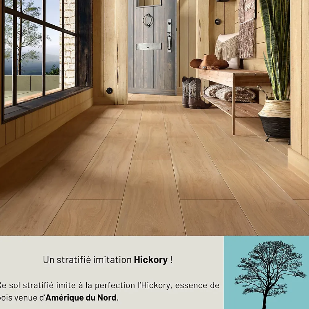 Homflor Sol stratifié Hickory yellowstone , passage extrême AC6, effet bois Hickory blond, L.128,6 cm x l.21,4 cm x ép.10 mm, résistant à l'eau- Sol Stratifié