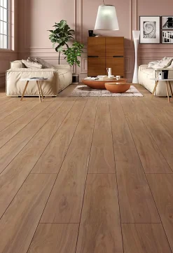 Homflor Sol stratifié Hicory carya , passage extrême AC6, effet bois Hickory brun, L.128,6 cm x l.21,4 cm x ép.10 mm, résistant à l'eau- Sol Stratifié
