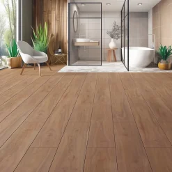 Homflor Sol stratifié Hicory carya , passage extrême AC6, effet bois Hickory brun, L.128,6 cm x l.21,4 cm x ép.10 mm, résistant à l'eau- Sol Stratifié
