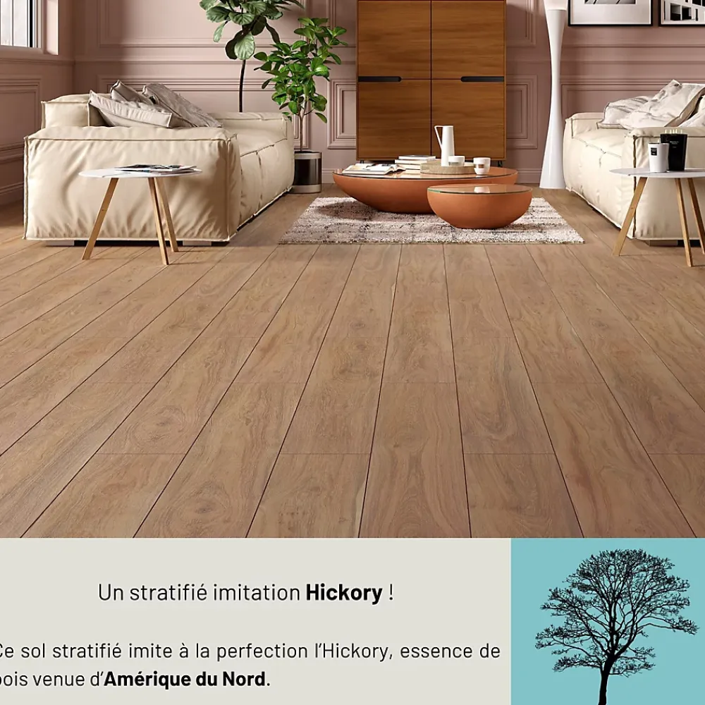Homflor Sol stratifié Hicory carya , passage extrême AC6, effet bois Hickory brun, L.128,6 cm x l.21,4 cm x ép.10 mm, résistant à l'eau- Sol Stratifié