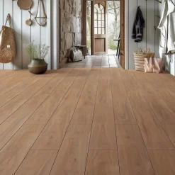 Homflor Sol stratifié Hicory carya , passage extrême AC6, effet bois Hickory brun, L.128,6 cm x l.21,4 cm x ép.10 mm, résistant à l'eau- Sol Stratifié