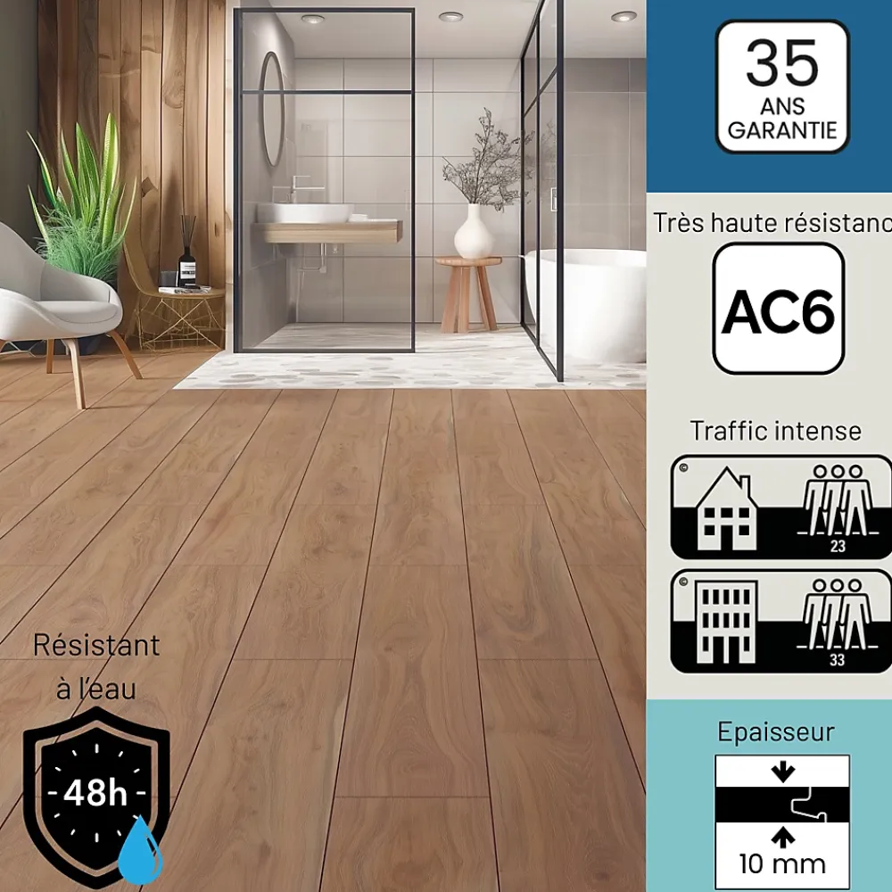 Homflor Sol stratifié Hicory carya , passage extrême AC6, effet bois Hickory brun, L.128,6 cm x l.21,4 cm x ép.10 mm, résistant à l'eau- Sol Stratifié
