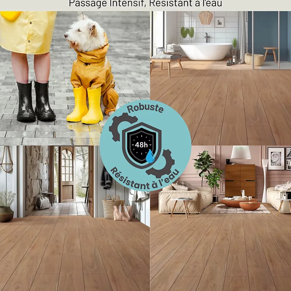 Homflor Sol stratifié Hicory carya , passage extrême AC6, effet bois Hickory brun, L.128,6 cm x l.21,4 cm x ép.10 mm, résistant à l'eau- Sol Stratifié