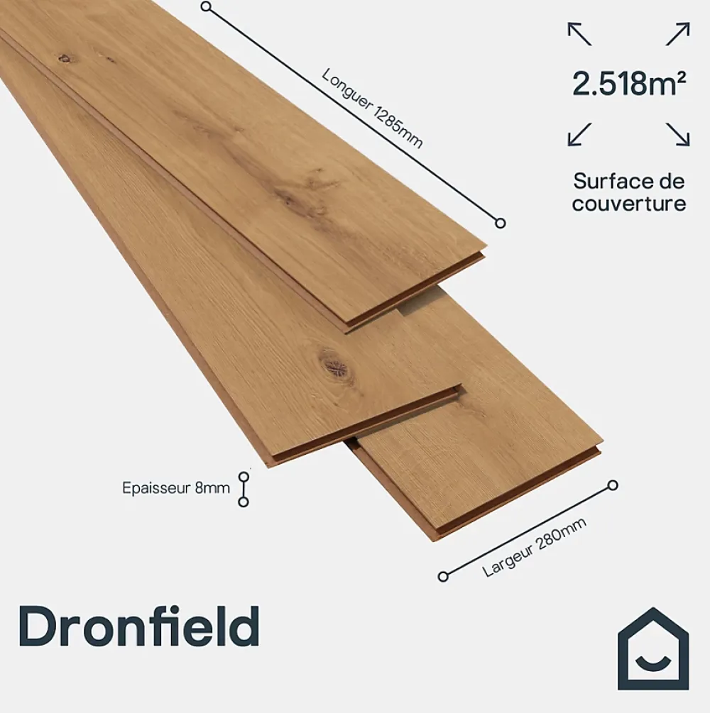 GoodHome Sol Stratifié<Sol stratifié Lucknow , passage intense AC5, effet chêne, L.128,5 cm x l.28 cm x ép.8 mm, résistant à l'eau