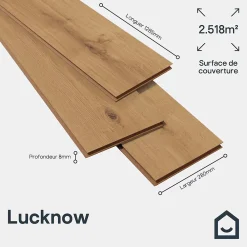 GoodHome Sol Stratifié<Sol stratifié Lucknow , passage intense AC5, effet chêne, L.128,5 cm x l.28 cm x ép.8 mm, résistant à l'eau
