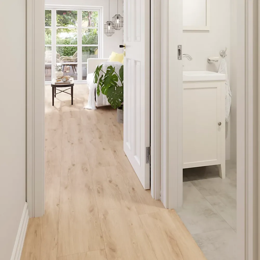 GoodHome Sol stratifié Lulea , passage élevé AC4, effet chêne blond, L.129,2 cm x l.24,6 cm x ép.8 mm, résistant à l'eau- Sol Stratifié