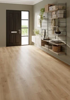 GoodHome Sol stratifié Randolph , passage intense AC5, effet chêne blond, L.129,2 cm x l.19,3 cm x ép.8 mm, résistant à l'eau- Sol Stratifié
