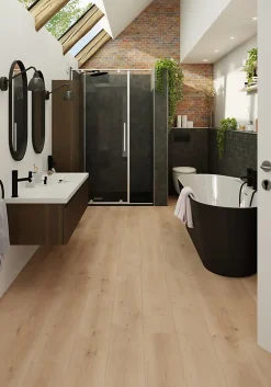 GoodHome Sol stratifié Randolph , passage intense AC5, effet chêne blond, L.129,2 cm x l.19,3 cm x ép.8 mm, résistant à l'eau- Sol Stratifié