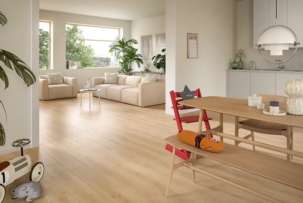 GoodHome Sol stratifié Randolph , passage intense AC5, effet chêne blond, L.129,2 cm x l.19,3 cm x ép.8 mm, résistant à l'eau- Sol Stratifié