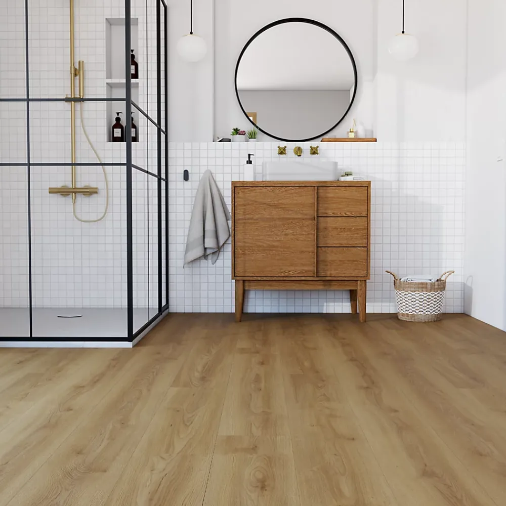 GoodHome Sol stratifié Towcester , passage élevé AC4, effet chêne blond, L.138,3 cm x l.19,3 cm x ép.8 mm, résistant à l'eau- Sol Stratifié