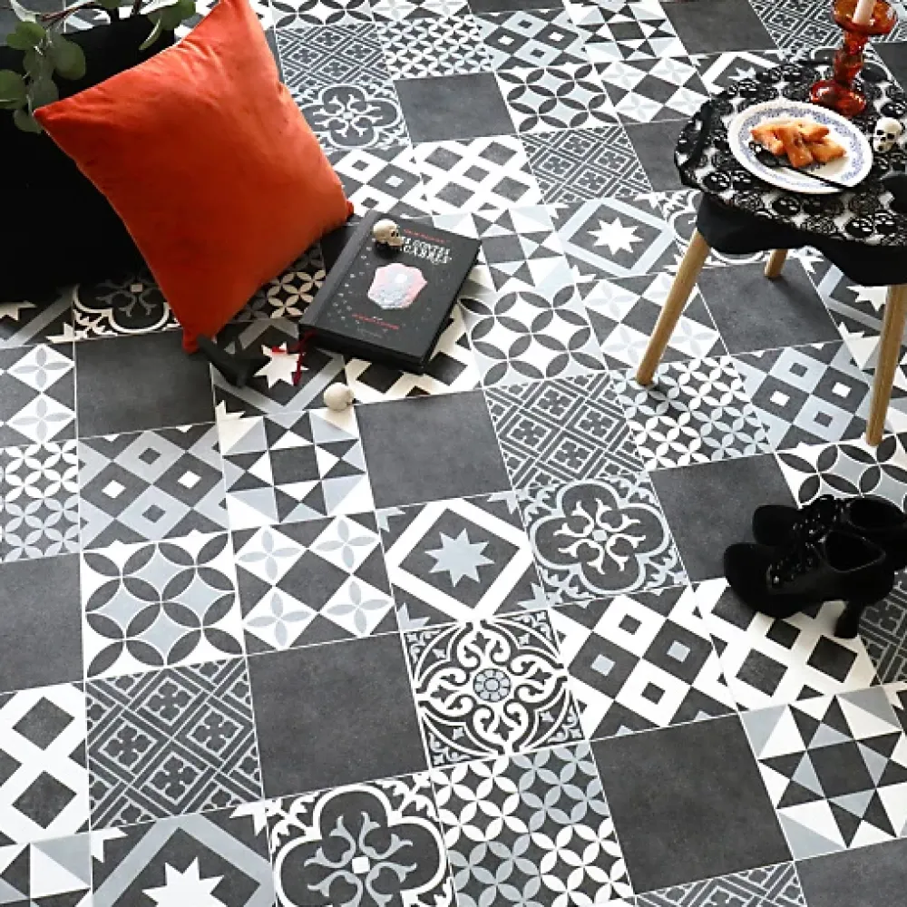 Décoweb Sol Vinyle effet Carreaux noir et blanc - Rouleau de 2m x 5m- Lino Sol Vinyle Pvc