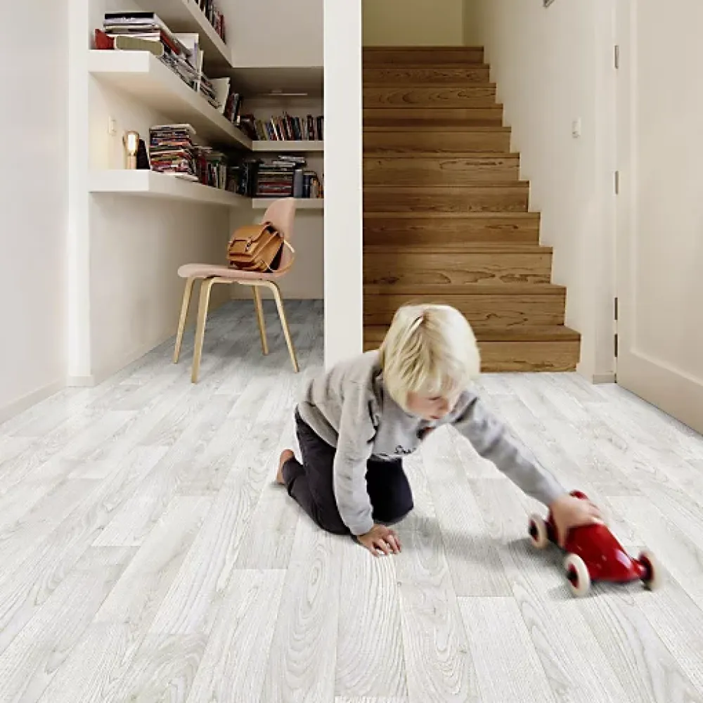 Décoweb Sol vinyle Imitation parquet blanc veinage gris - Rouleau de 3m x 5m- Lino Sol Vinyle Pvc