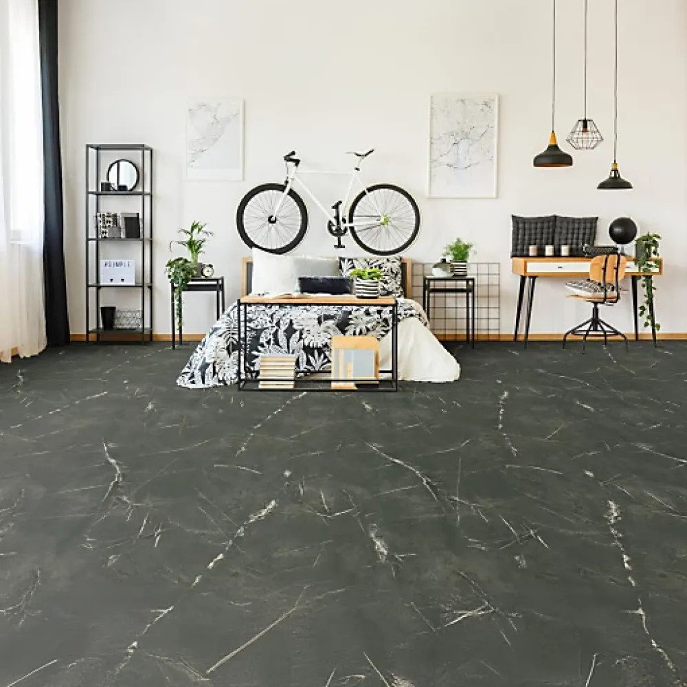 Décoweb Sol Vinyle Inspiration - Effet marbre noir - Rouleau de 4m x 5m- Lino Sol Vinyle Pvc