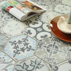 Décoweb Sol vinyle Textile effet carrelage hexagonal - Rouleau de 4m x 3m- Lino Sol Vinyle Pvc