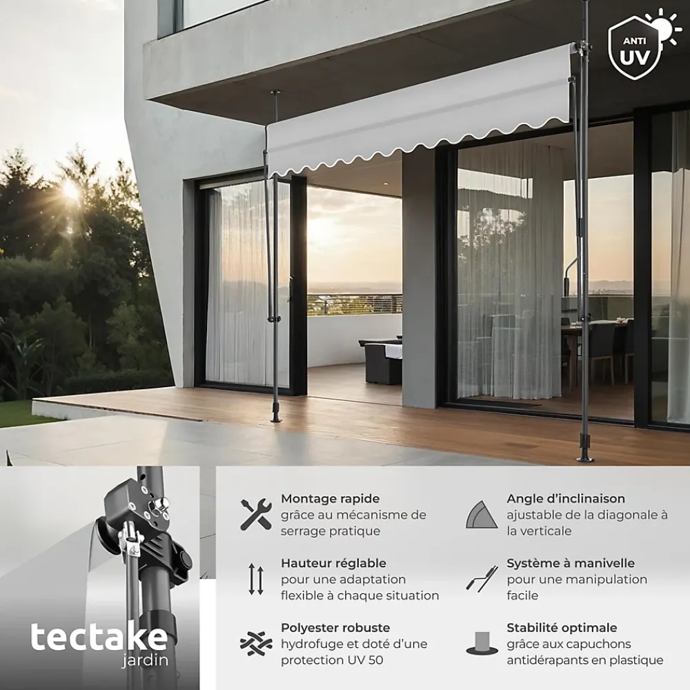 Tectake Auvent Et Marquise<Store à pince sans perçage avec Manivelle Réglable en hauteur 211 - 304 cm gris clair