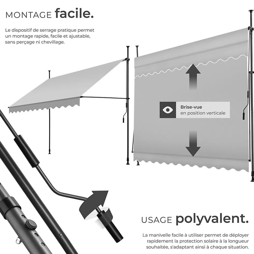 Tectake Auvent Et Marquise<Store à pince sans perçage avec Manivelle Réglable en hauteur 211 - 304 cm gris clair